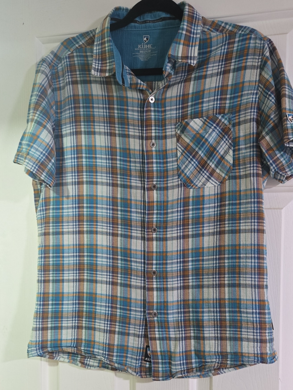 Kuhl Men's Short-Sleeve Plaid Button-Down in Blue and Brown